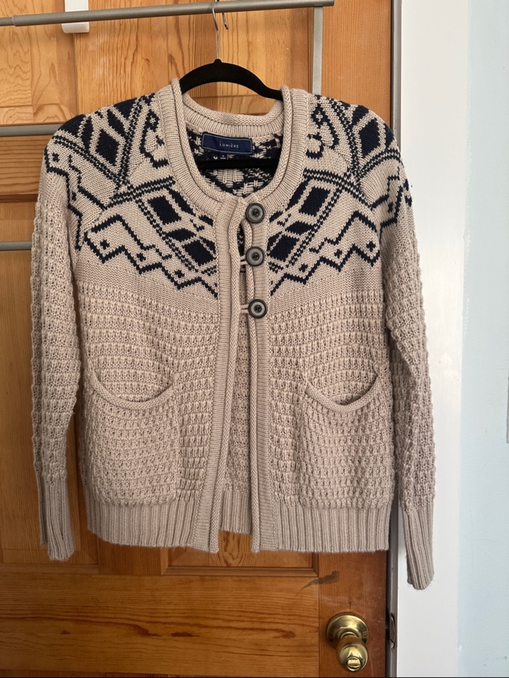 Cable Knit Cardigan with Nordic Yoke - Beige & Navy